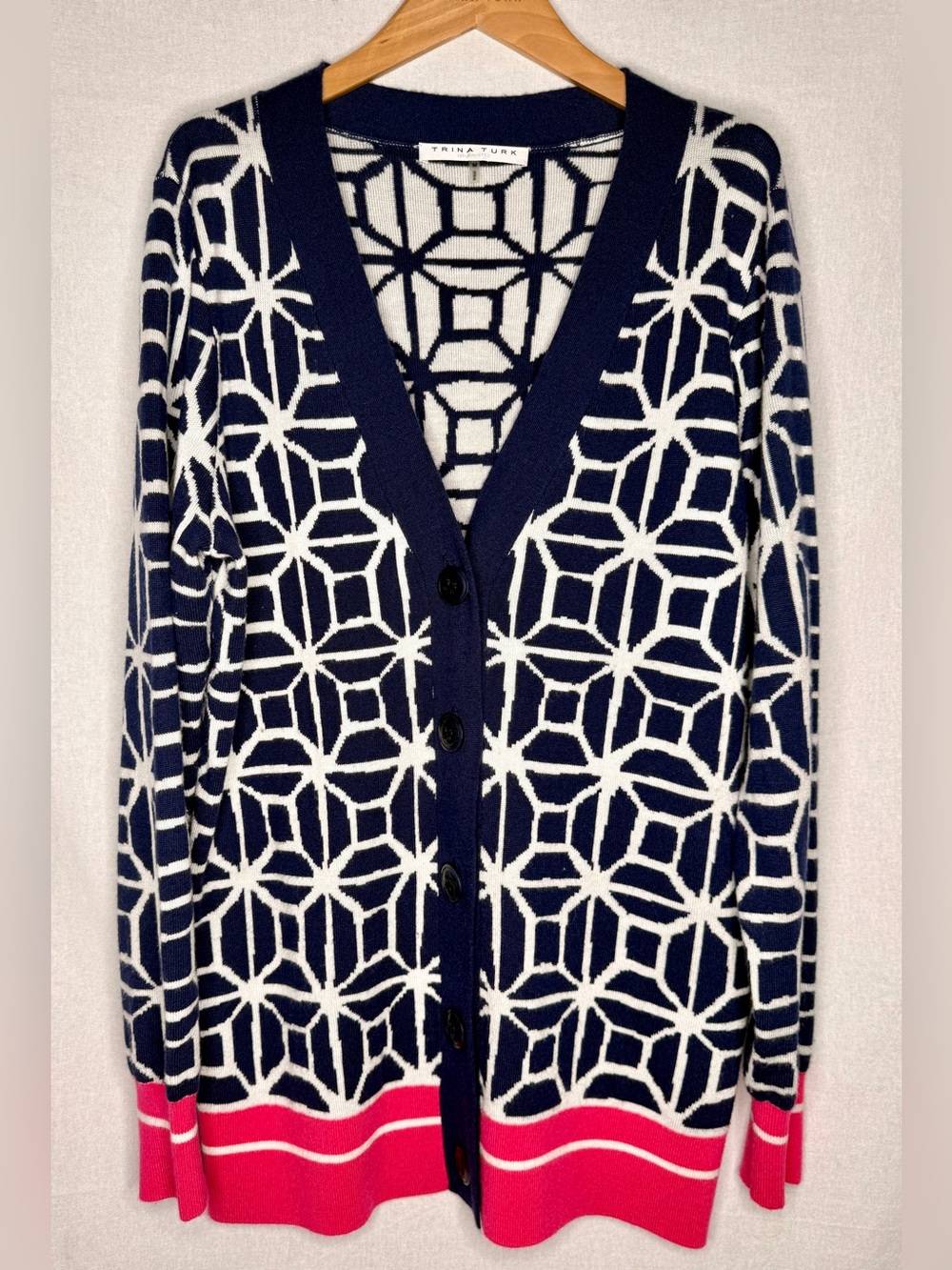 Trina Turk Navy and White “Breeze Block” Geometric Cardigan with Pink Accents